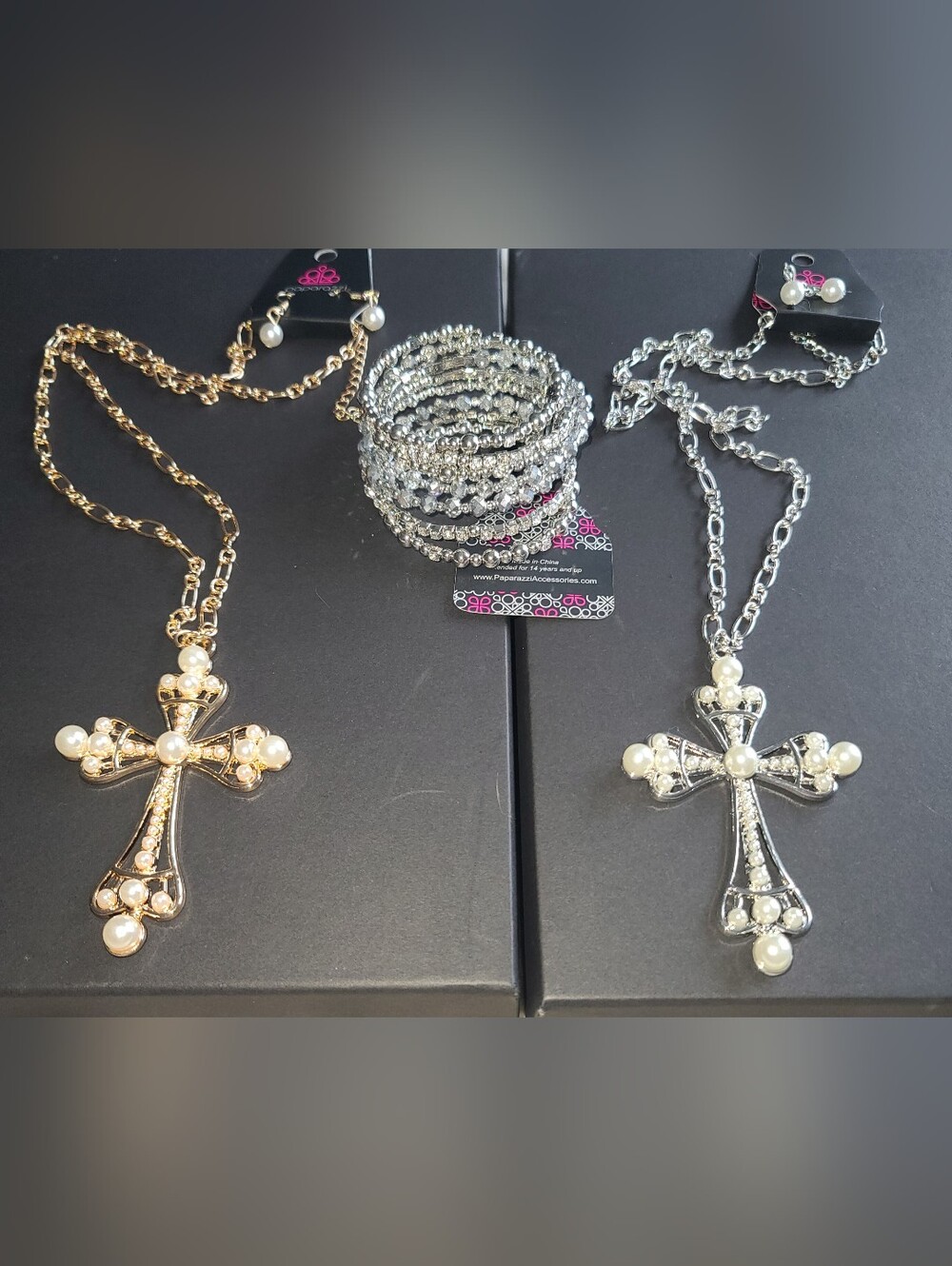 Detailed Gold And Silver Longer Length Cross Necklaces Plus Coil  Bracelet
